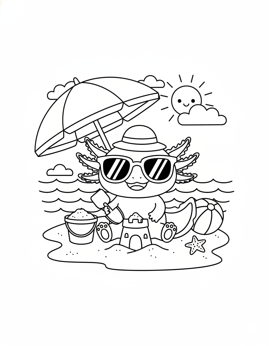 Axolotl at the Beach Coloring Page