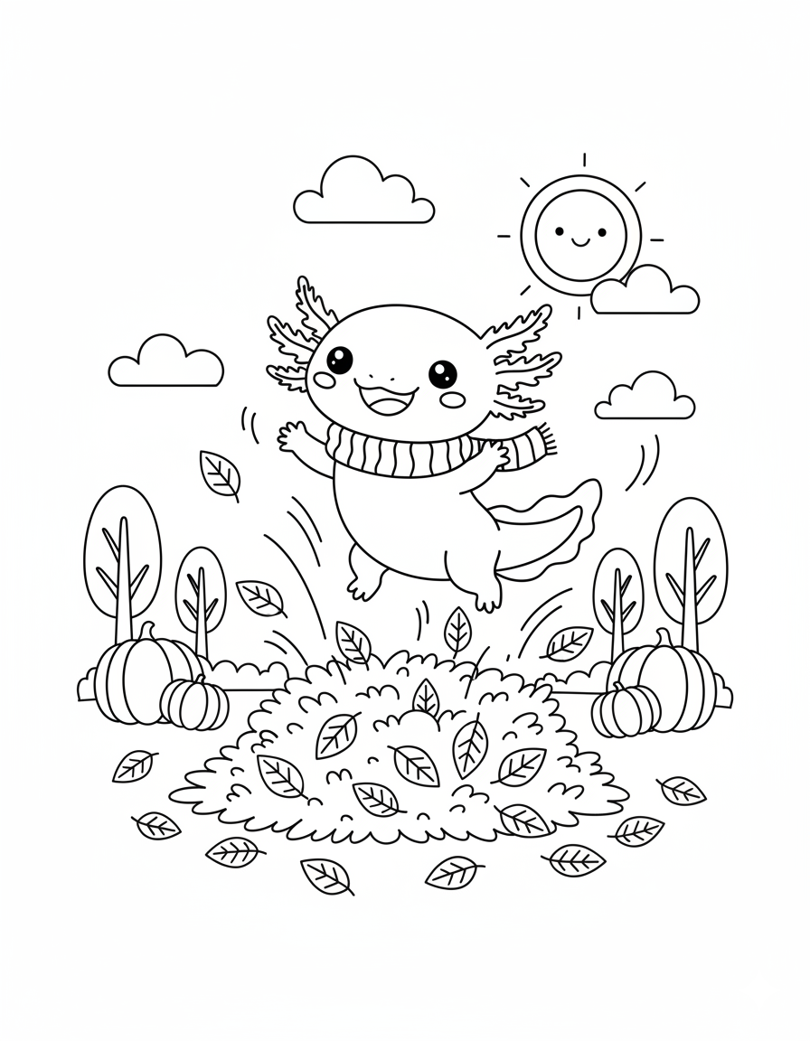 Axolotl Jumping in Leaves Coloring Page