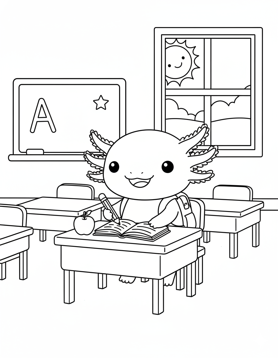 Axolotl at School Coloring Page
