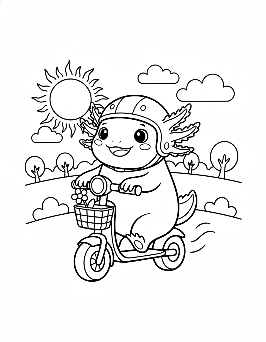 Axolotl on a Scooter Coloring Page