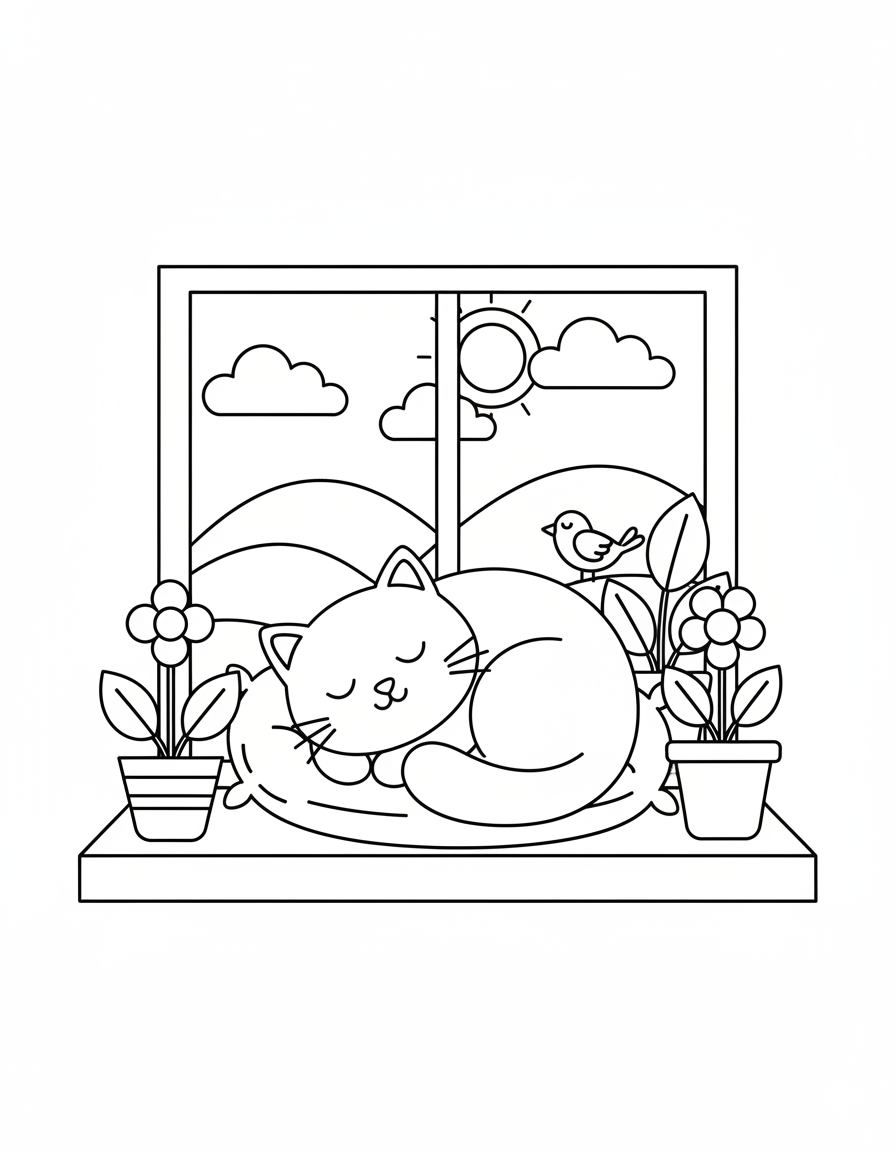 Cat in Window Coloring Page