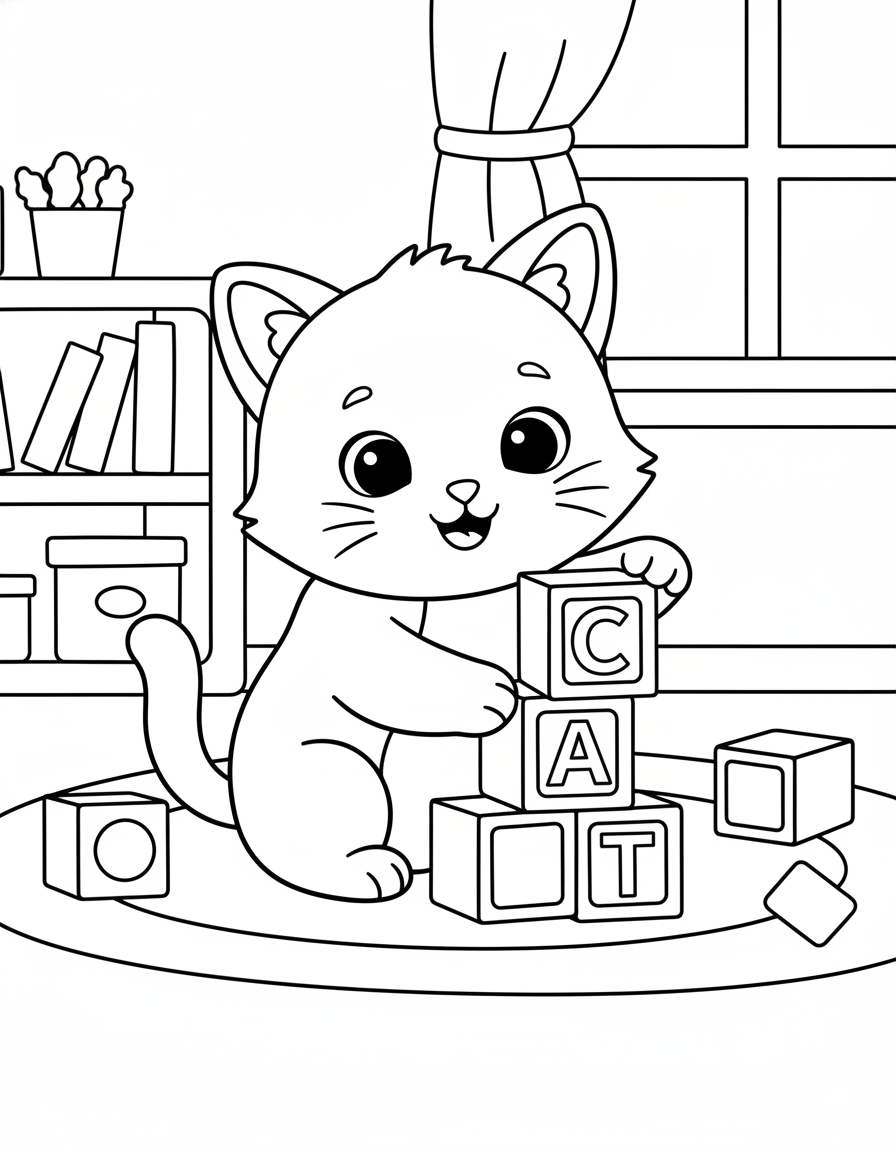 Cat Playing with Blocks Coloring Page