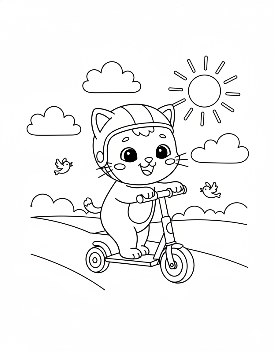 Cat Riding Scooter Coloring Page