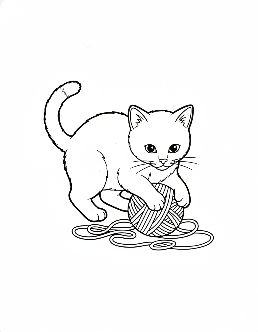 Cat with Yarn Coloring Page