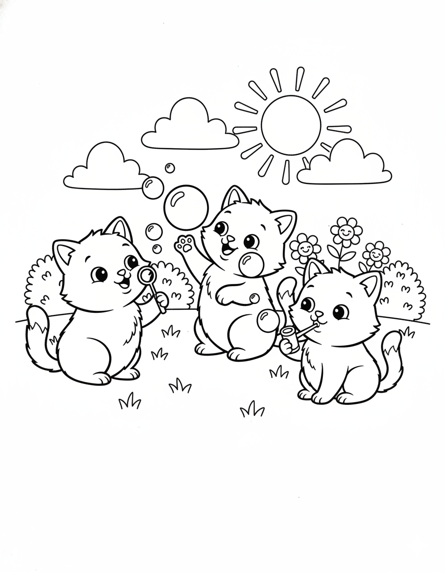Cats Blowing Bubbles Coloring Page