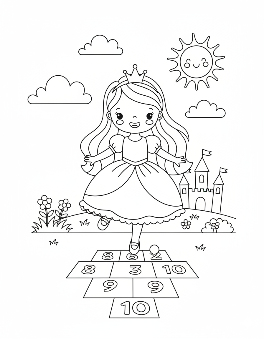 Princess Playing Hopscotch Coloring Page