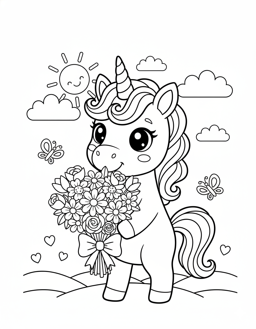 Unicorn with Flowers Coloring Page