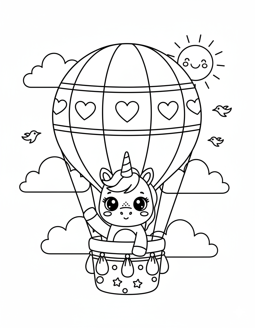 Unicorn in Hot Air Balloon Coloring Page
