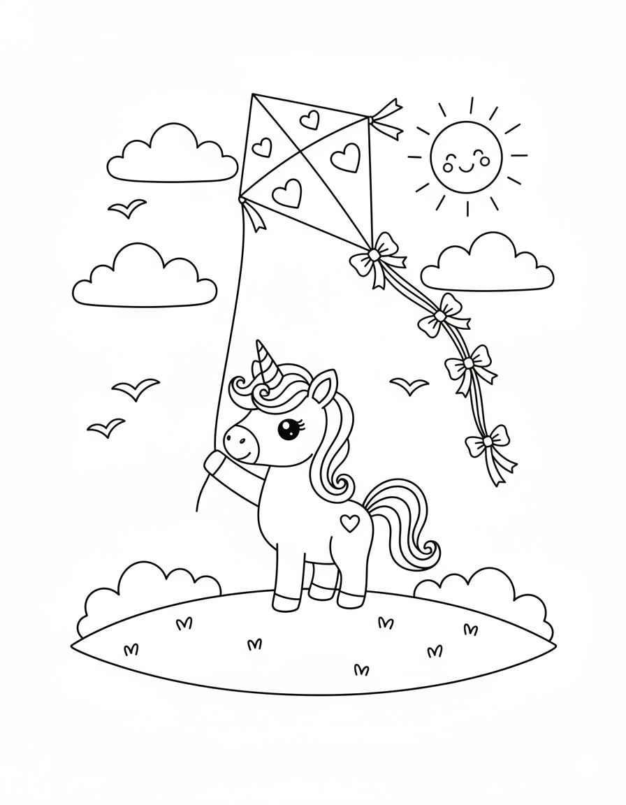 Unicorn with Kite Coloring Page