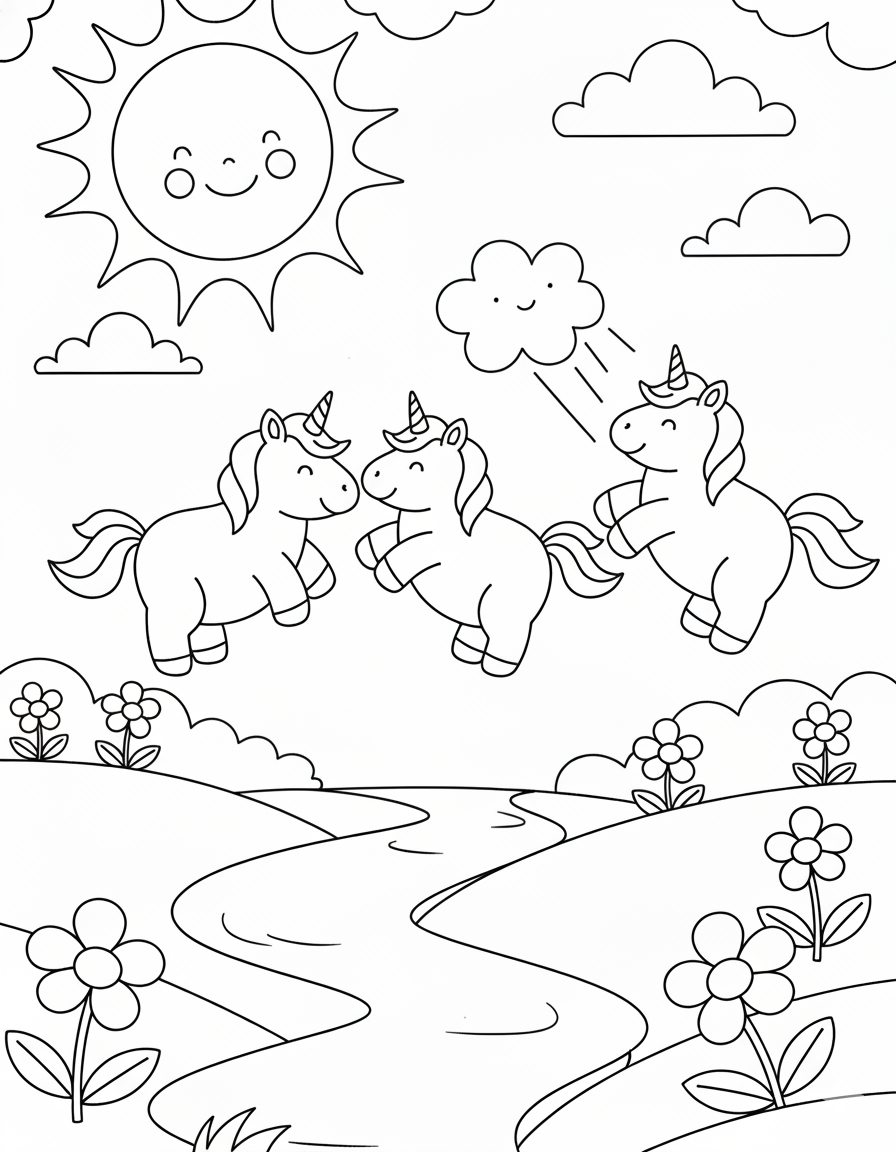 Unicorns Playing Coloring Page