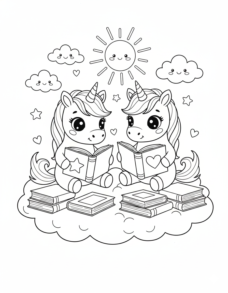 Unicorns Reading Coloring Page